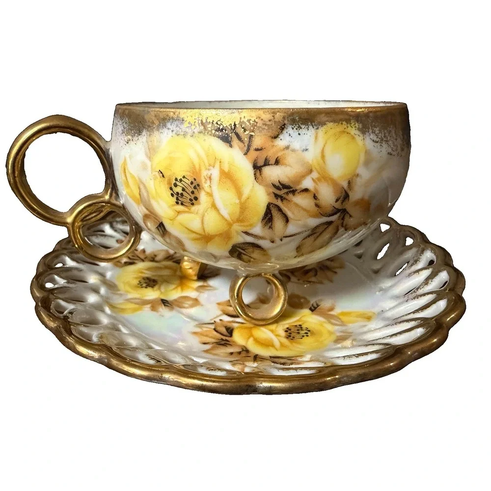 Vintage Royal Sealy China Japan Footed Teacup Saucer Yellow Roses Gold Luster